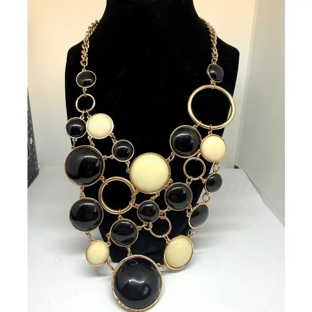 R.J. Graziano Black Cream Statement Necklace Gold Tone Chunky Bib Signed Jewelry